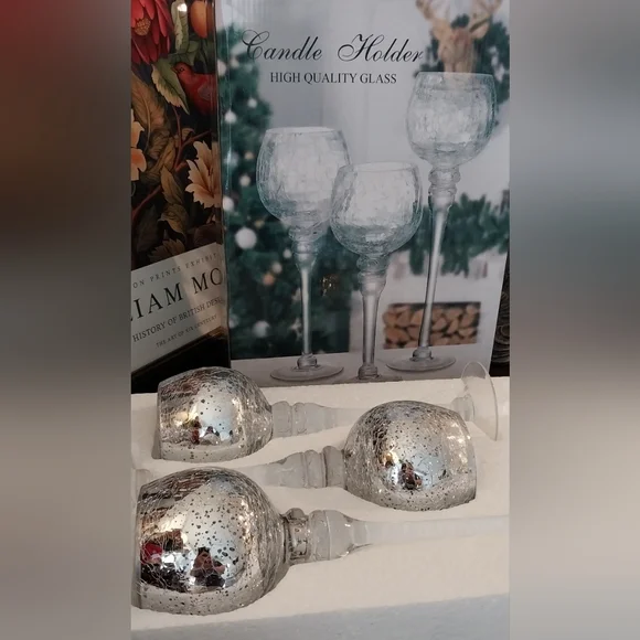 Silver Goblet Crackle Glass Candle Holders (Set of 3) - Picture 3 of 4